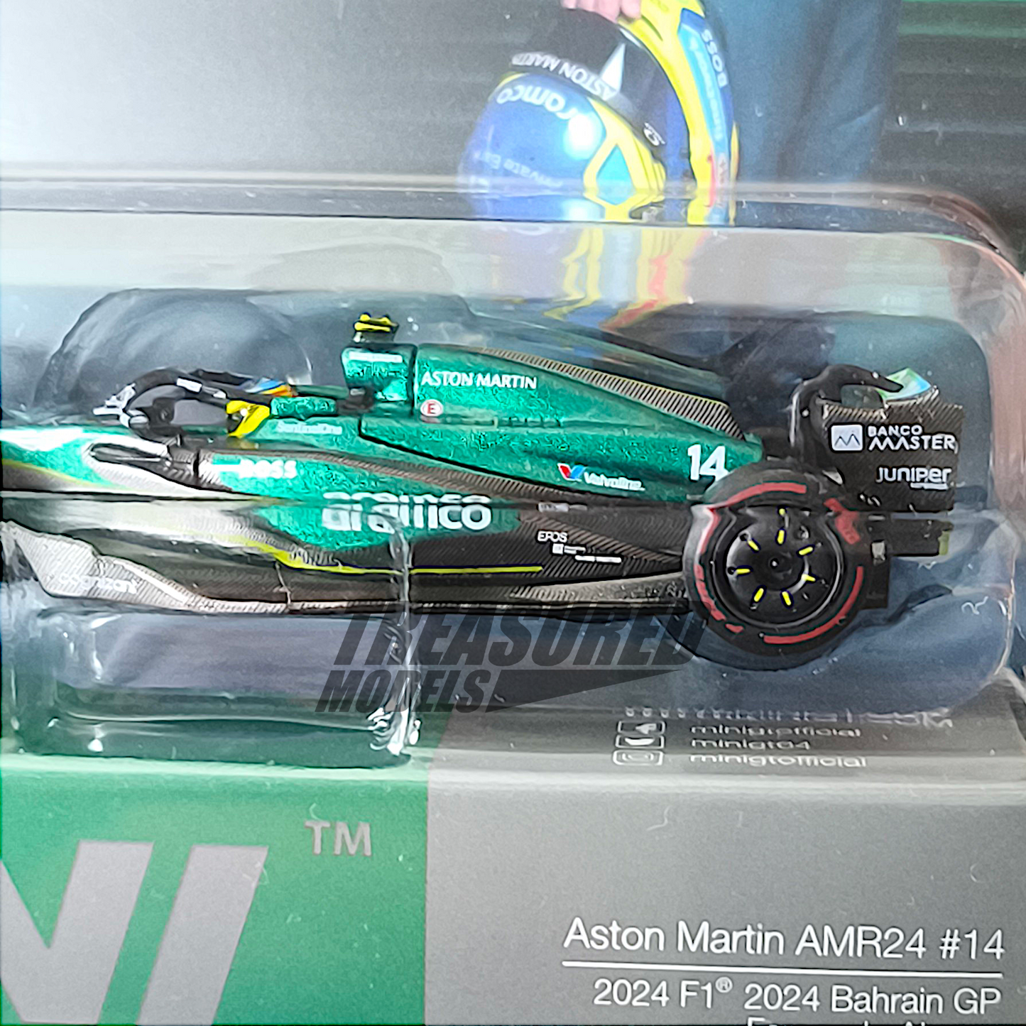 Mini GT Aston Martin AMR24 #14 Fernando Alonso 2024 F1 2024 Bahrain GP Blister Packaging MGT00999 1/64 Diecast