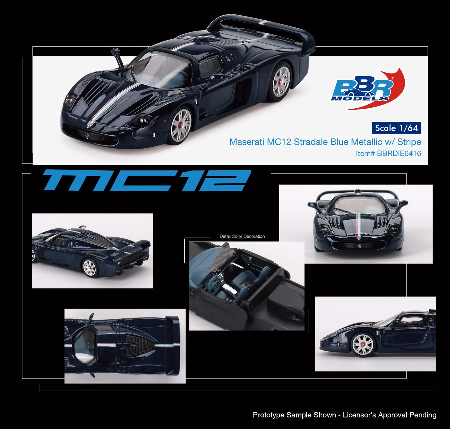 BBR Maserati MC12 Stradale Blue Metallic w Stripe BBRDIE6416 1/64 Die Cast