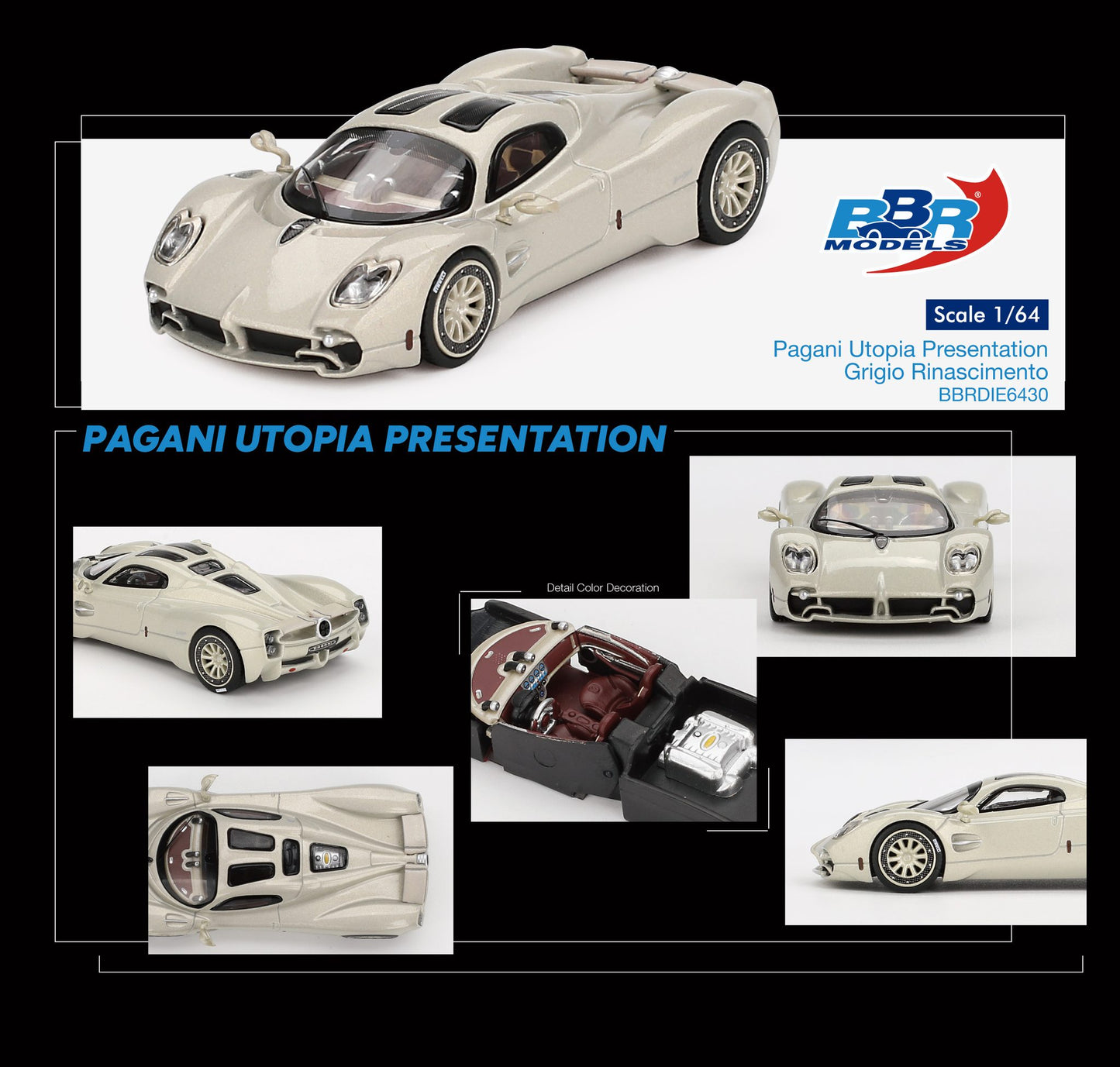 BBR Pagani Utopia Presentation Grigio Rinascimento BBRDIE6430 1/64 Die Cast