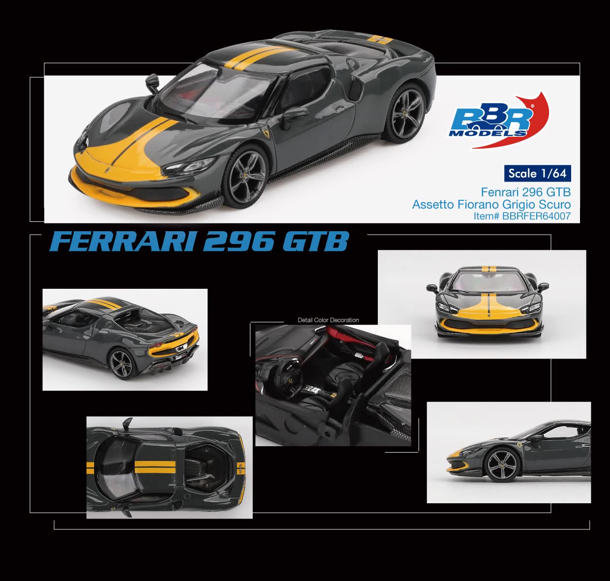 BBR Models Ferrari 296 GTB Assetto Fiorano Grigio Scuro BBRFER64007 1/64 Diecast