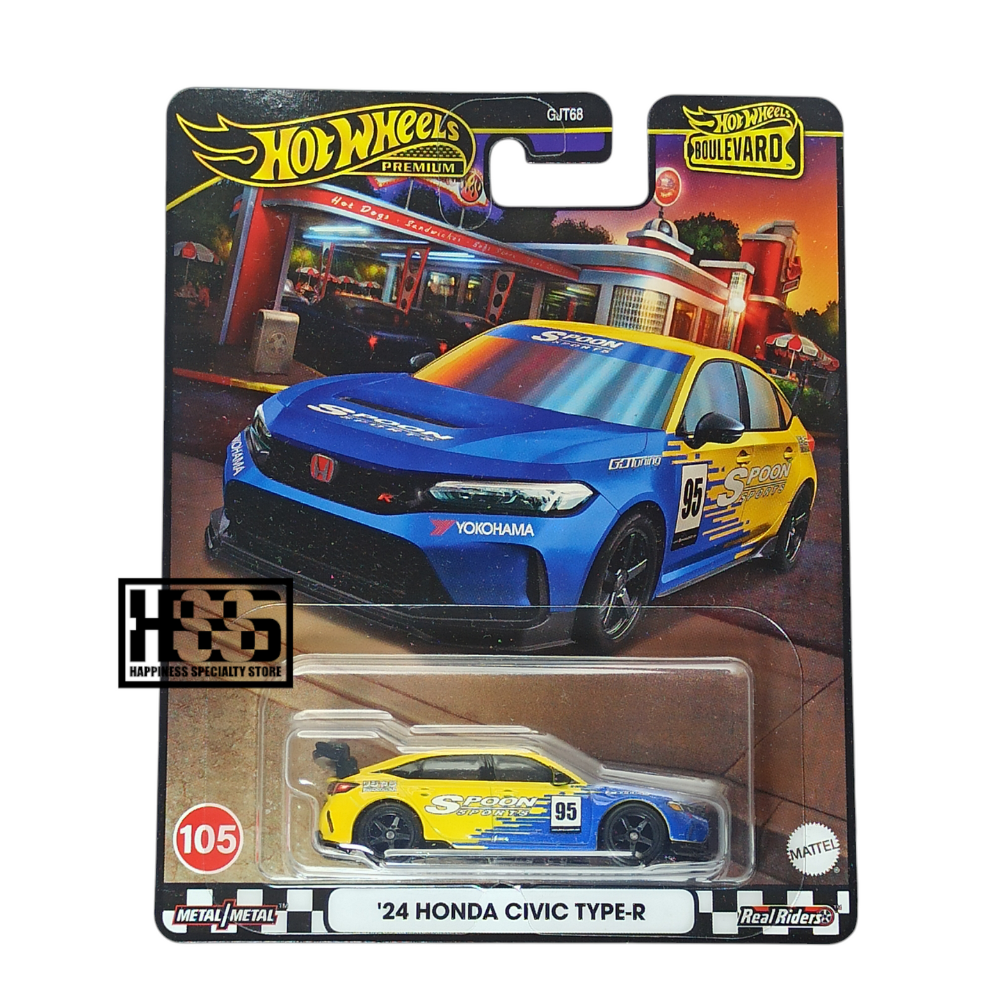 Hot Wheels Honda 24 Civic Type-R Spoon Sports Yellow 2024 Premium Boulevard 105 1/64 Die Cast