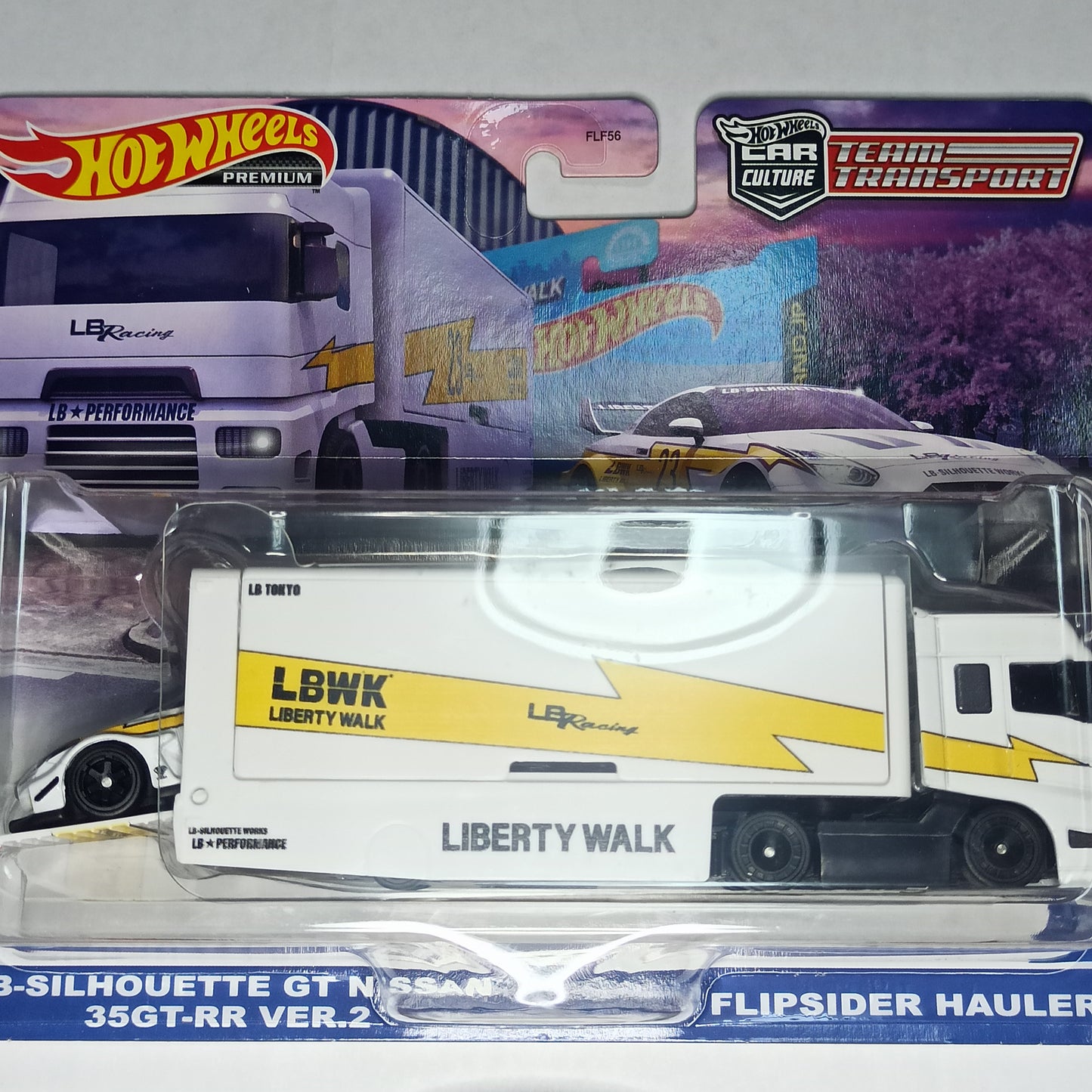 Hot Wheels Nissan LB Silhouette Works GT 35GT-RR Ver 2 & Flipsider Hauler White 2023 Premium Car Culture Team Transport 1/64 Diecast