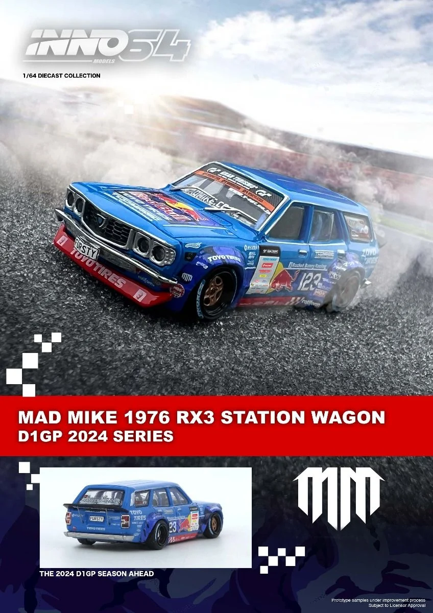 Inno64 Mazda RX3 Station Wagon Mad Mike 1976 D1GP Series 2024 1/64 Die Cast