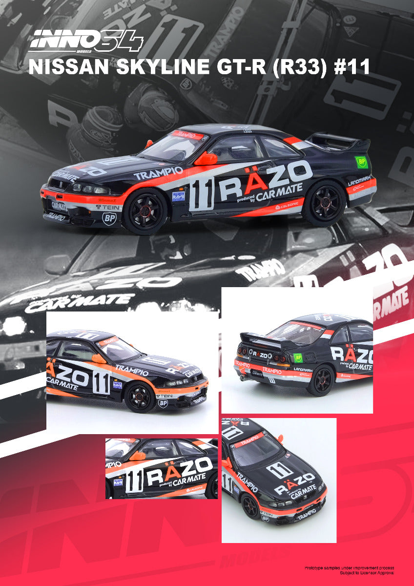 Inno64 Nissan Skyline GT-R R33 11 Razo Trampio N1 Super Endurance Series Sendan Highland 1995 Winner 1/64 Die Cast