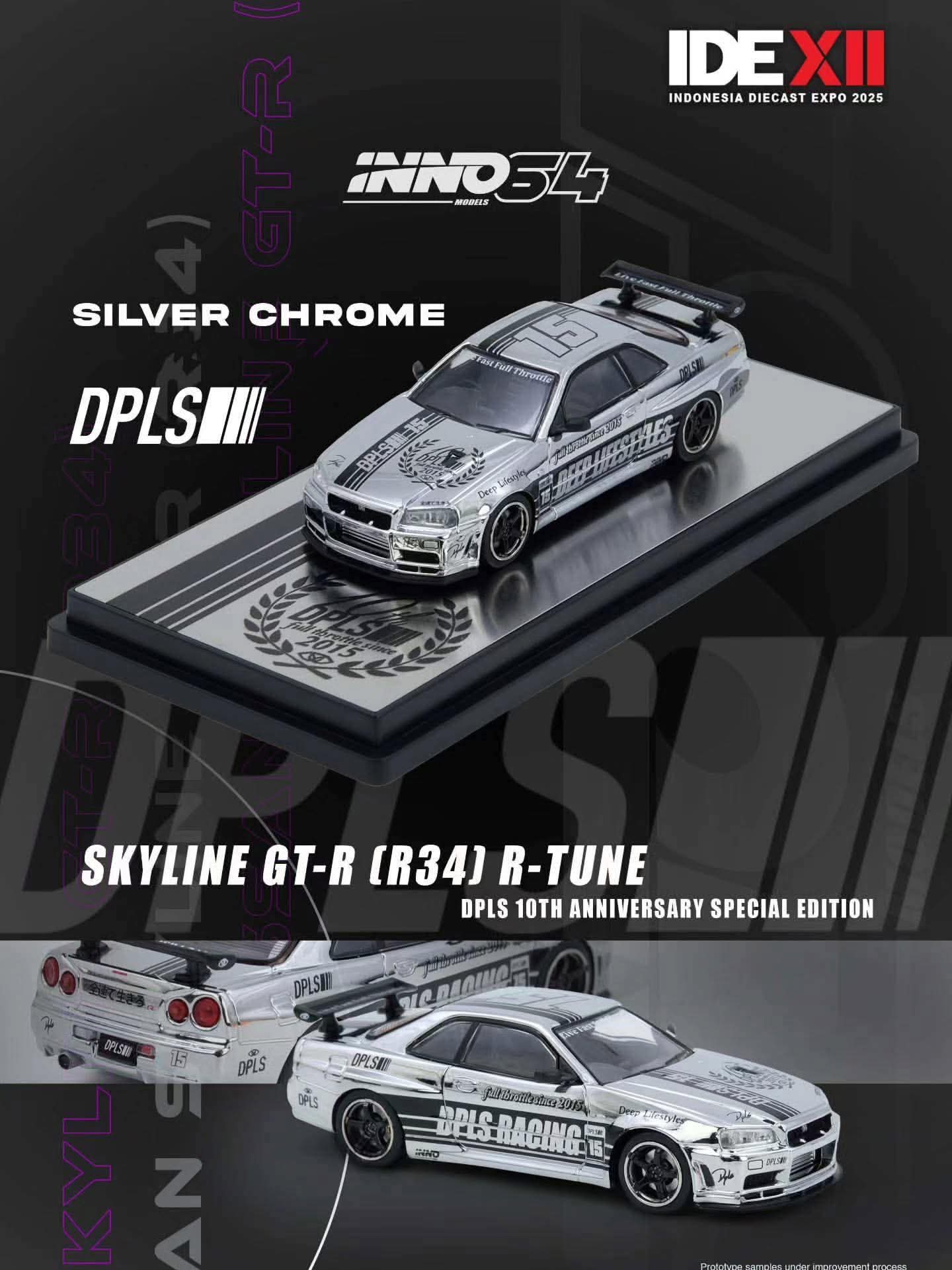 Inno64 Nissan Skyline GT-R R34 R-Tune DPLS Silver Chrome IDE 2025