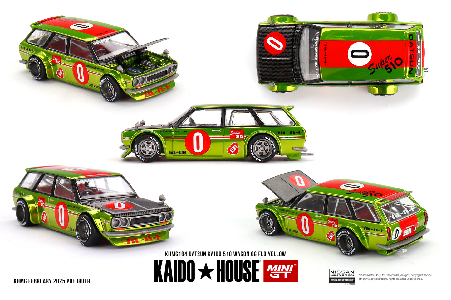 Kaido House Datsun KAIDO 510 Wagon OG Flo Yellow KHMG164 1/64 Die Cast