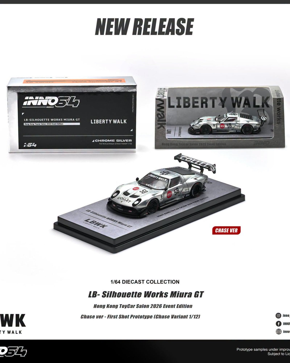 CHASE! INNO64 LB-Silhouette WORKS Miura GT Chrome Silver HKTCS 2026 IN64-LB-MIURA-02-HKTS26 1/64 Diecast