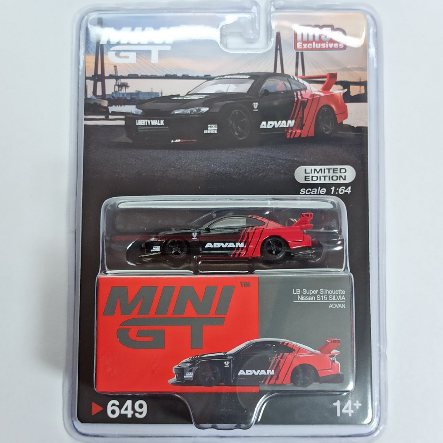 Mini GT LB-Super Silhouette Nissan S15 Silvia Advan Blister Packaging MGT00649-BL 1/64 Diecast
