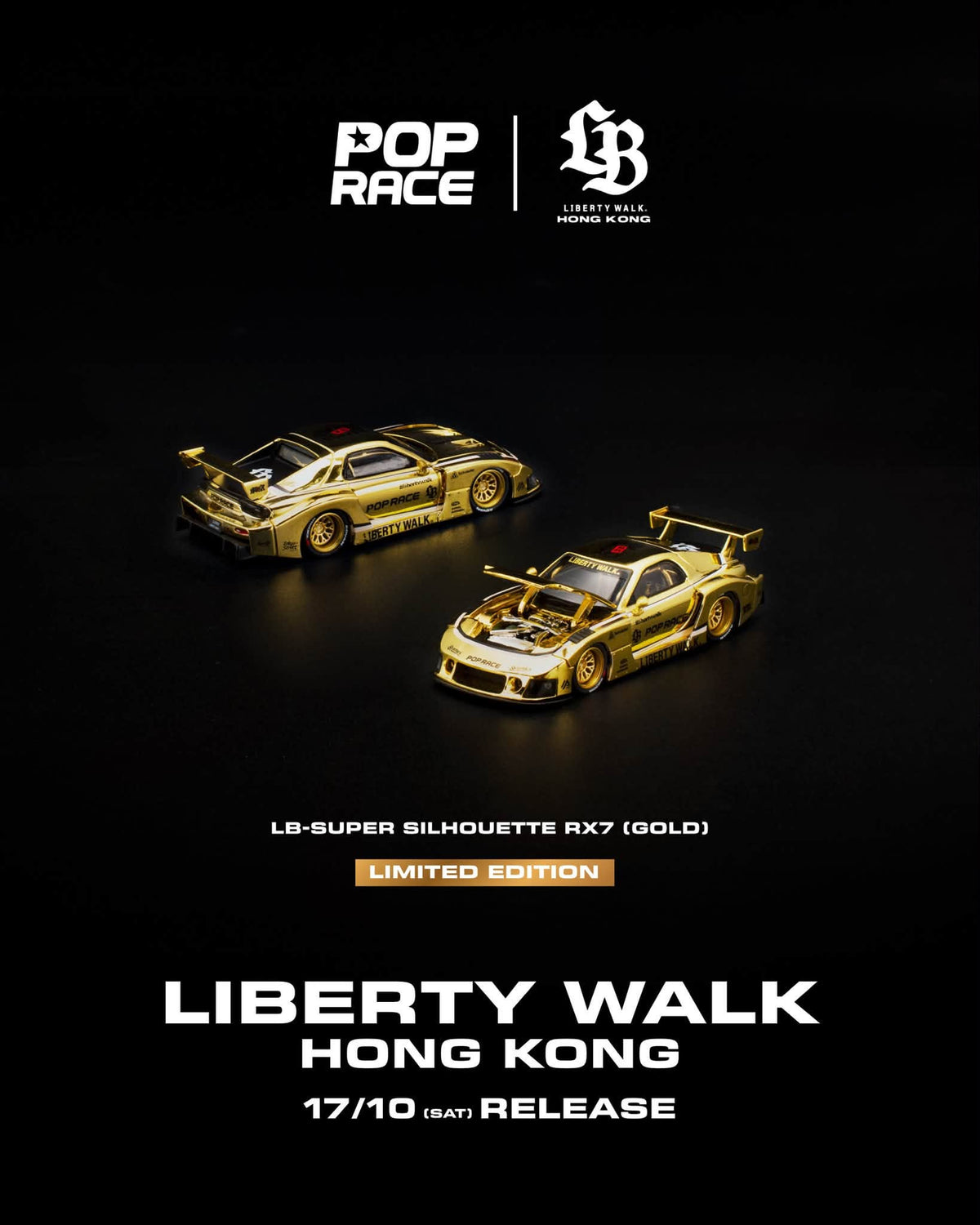 POP RACE LB-Super Silhouette RX7 Gold Liberty Walk Hong Kong Limited 1/64 Diecast