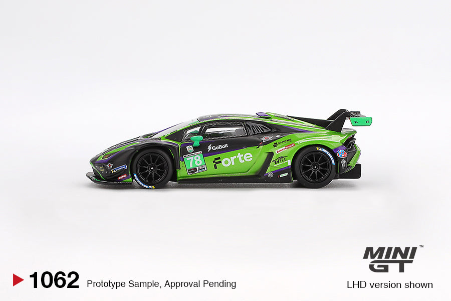 Mini GT Lamborghini Huracan GT3 EVO2 #78 Forte Racing 2024 IMSA Daytona 24 Hrs MGT01062 1/64 Die Cast
