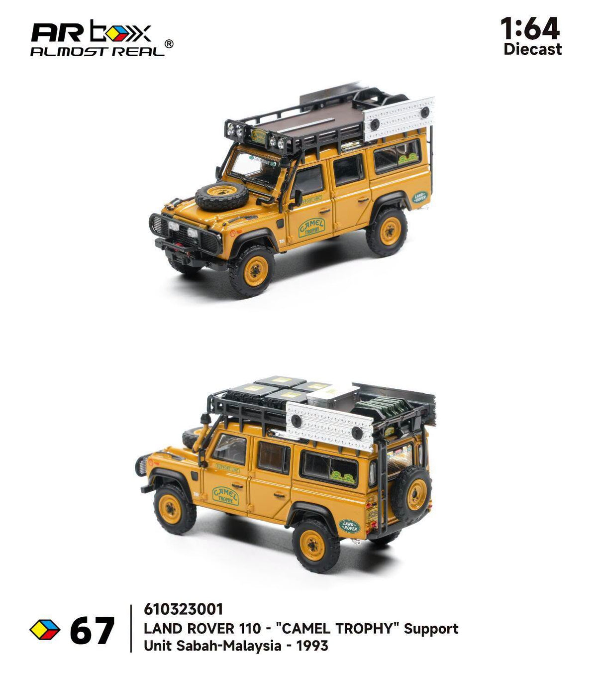 Almost Real AR Box Land Rover Defender 110 Camel Trophy Support Unit Sabah Malaysia 1993 67 610323001 1/64 Diecast