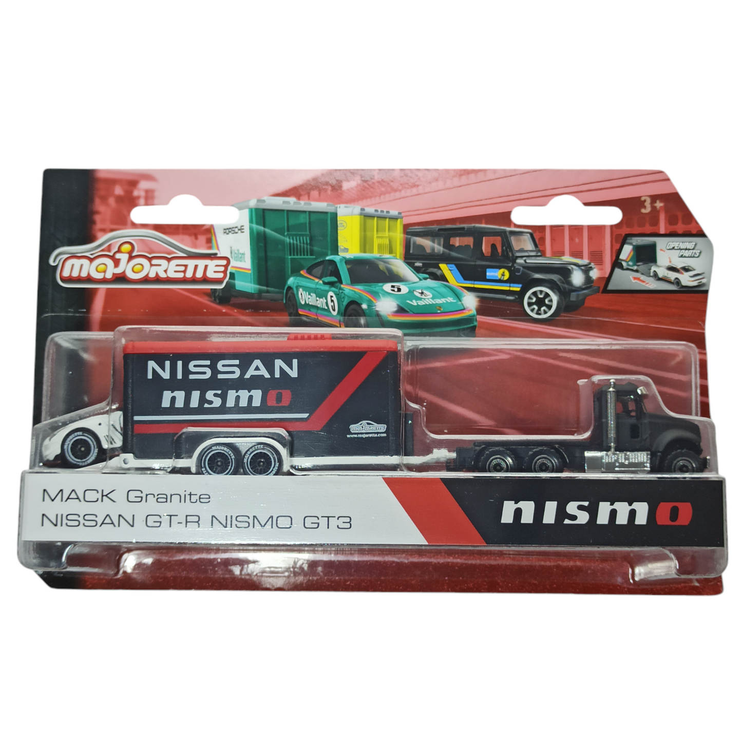 Majorette Nissan GT-R Nismo GT3 Mack Granite 2024 Race Trailer 1/64 Diecast
