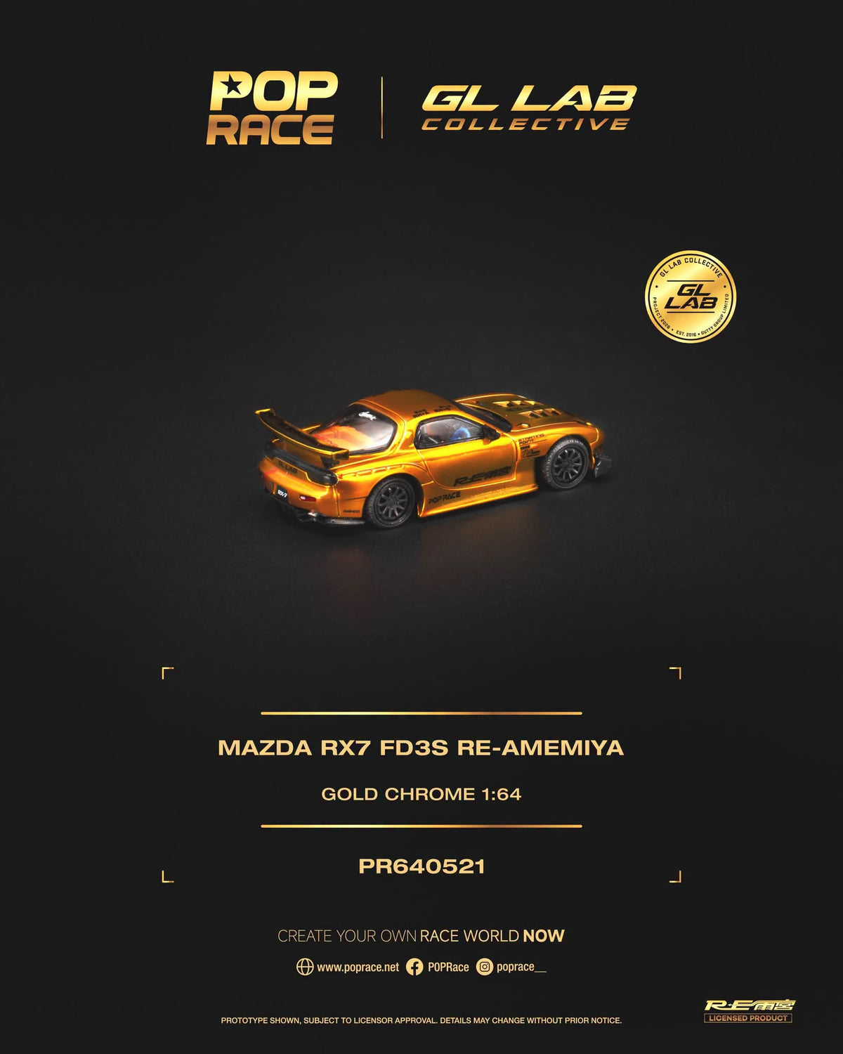POP RACE Mazda RX7 FD3S RE-AMEMIYA Gold Chrome SGT 2026 PR640521 1/64 Diecast