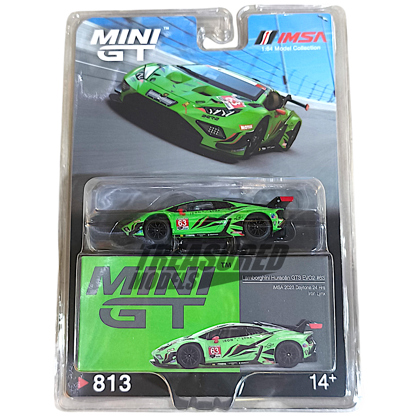 Mini GT Lamborghini Huracan GT3 EVO2 #63 IMSA 2023 Daytona 24 Hrs Iron Lyn Blister Packaging MGT00813 1/64 Diecast