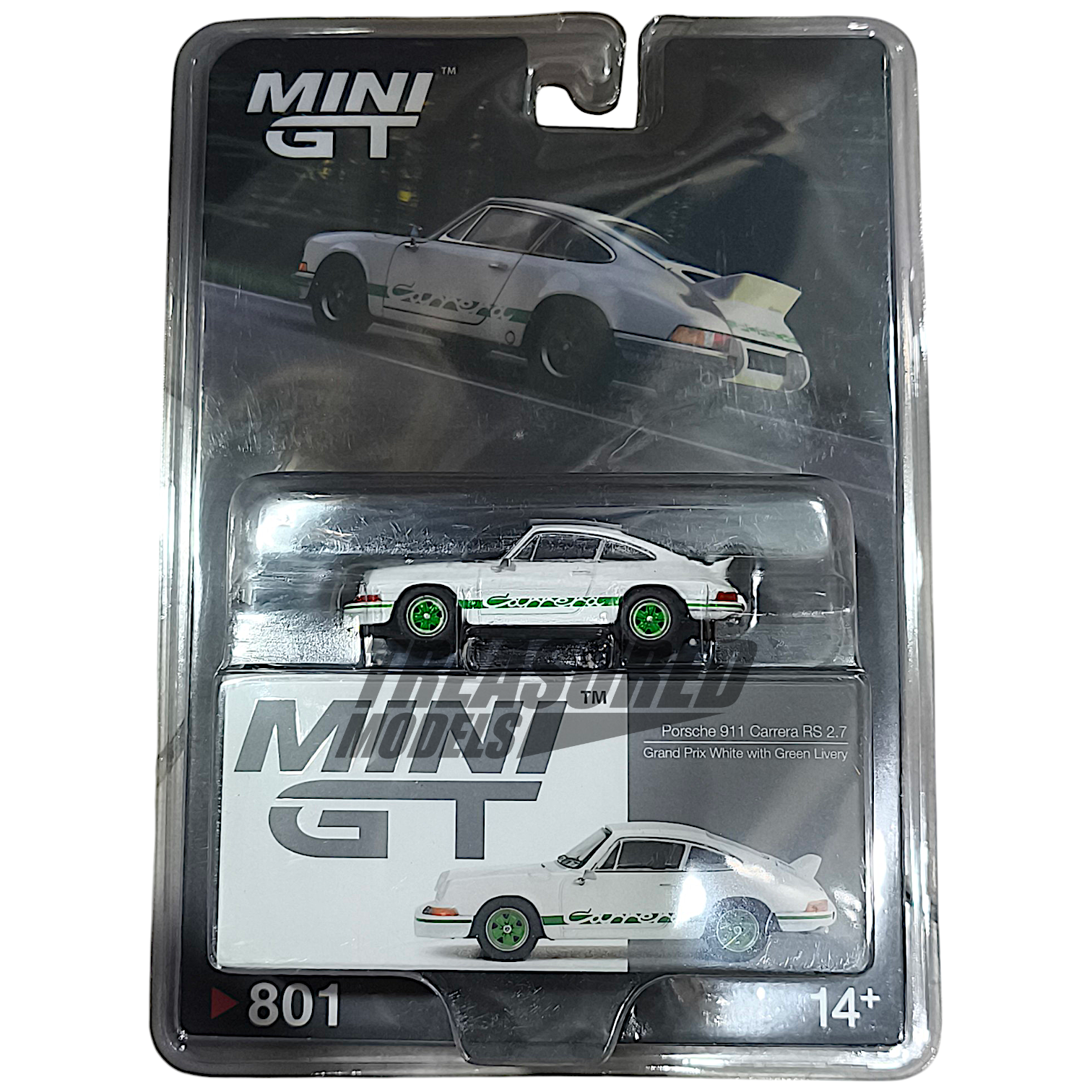 Mini GT Porsche 911 Carrera RS 2.7 Grand Prix White with Green