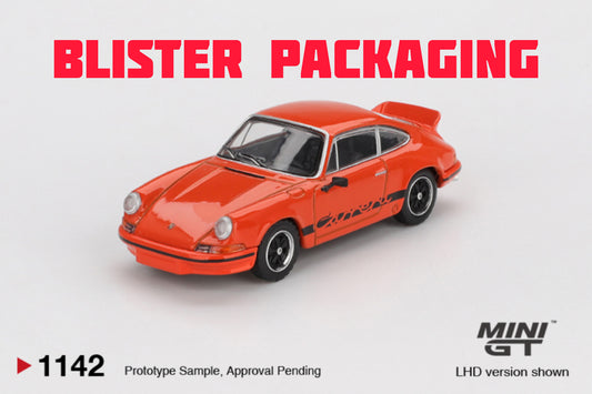 Mini GT Porsche 911 Carrera RS 2.7 Tangerine with Black Livery Blister Packaging MGT01142 1/64 Diecast