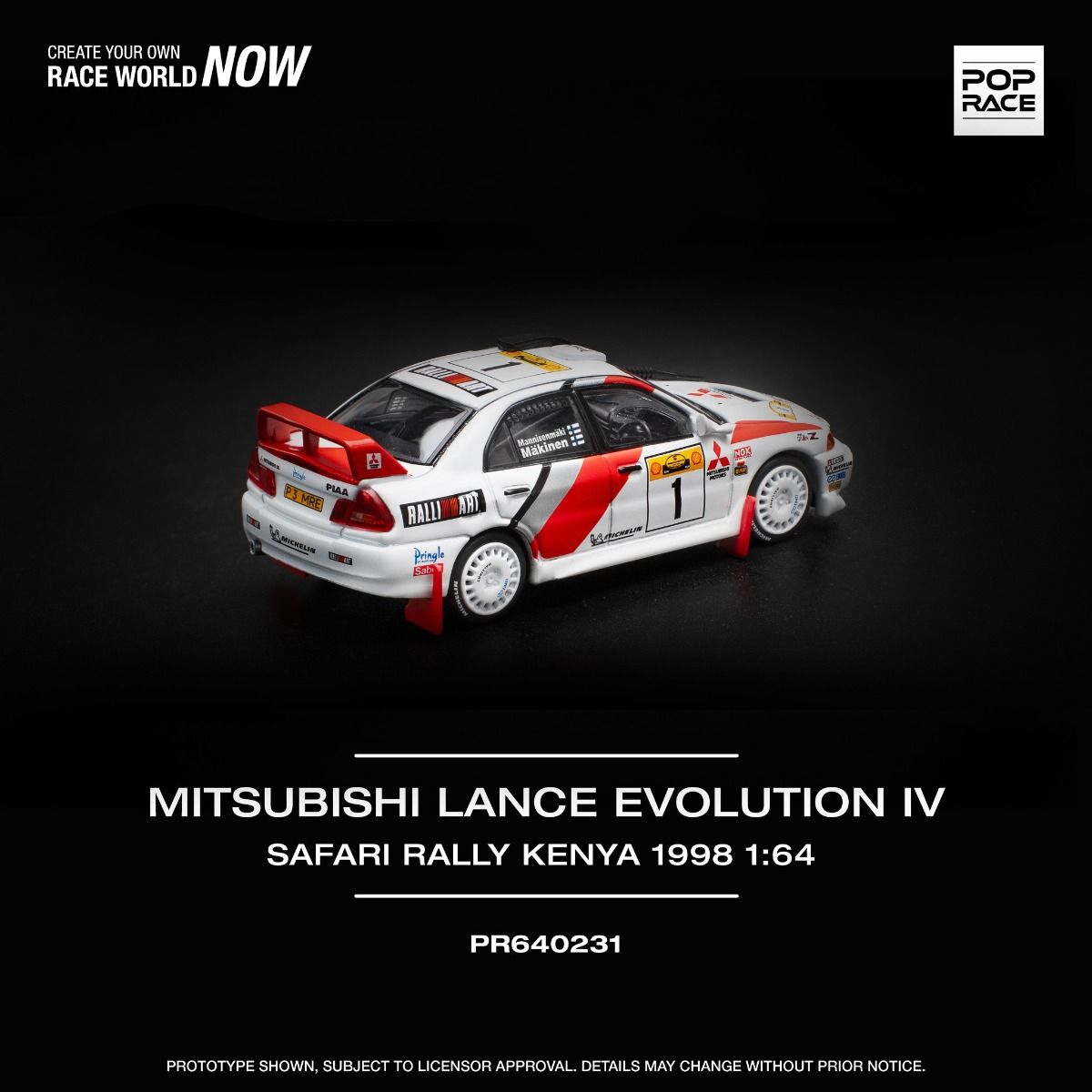 Pop Race Mitsubishi Lancer Evolution IV Safari Rally Kenya 1996 PR640231 1/64 Diecast