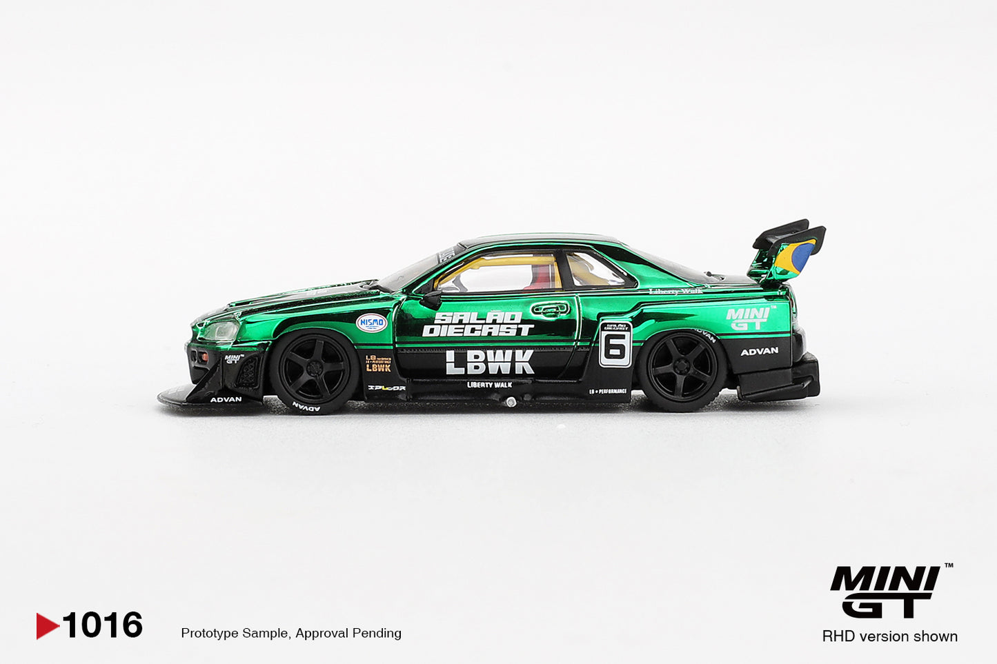 Mini GT Nissan LB-ER34 Super Silhouette SKYLINE Green Chrome 2025 Salão DieCast 6 MGT01016-BL 1/64 Diecast