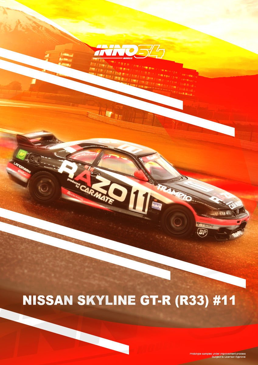 Inno64 Nissan Skyline GT-R R33 11 Razo Trampio N1 Super Endurance Series Sendan Highland 1995 Winner 1/64 Die Cast