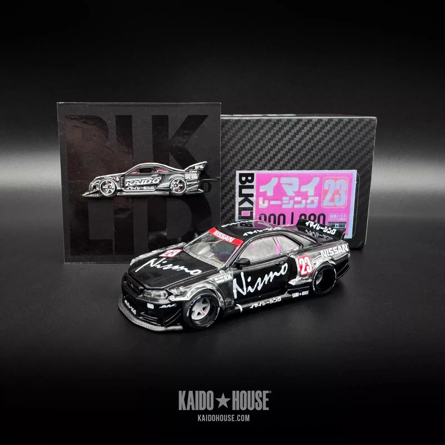 Kaido House & Pin Nissan Skyline GT-R R34 Kaido Works Black Limited KHMG105 1/64 Diecast