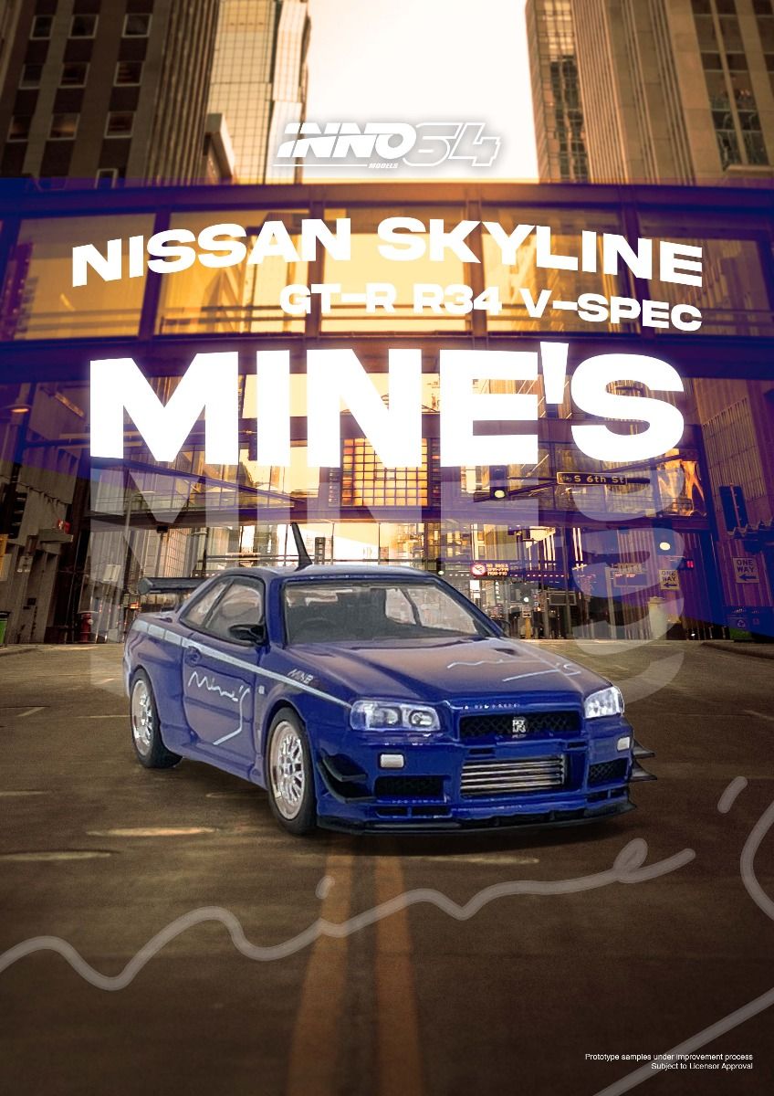 Inno64 Nissan Skyline GT-R (R34) V-Spec Tuned by Mine's Blue 1/64 Diecast