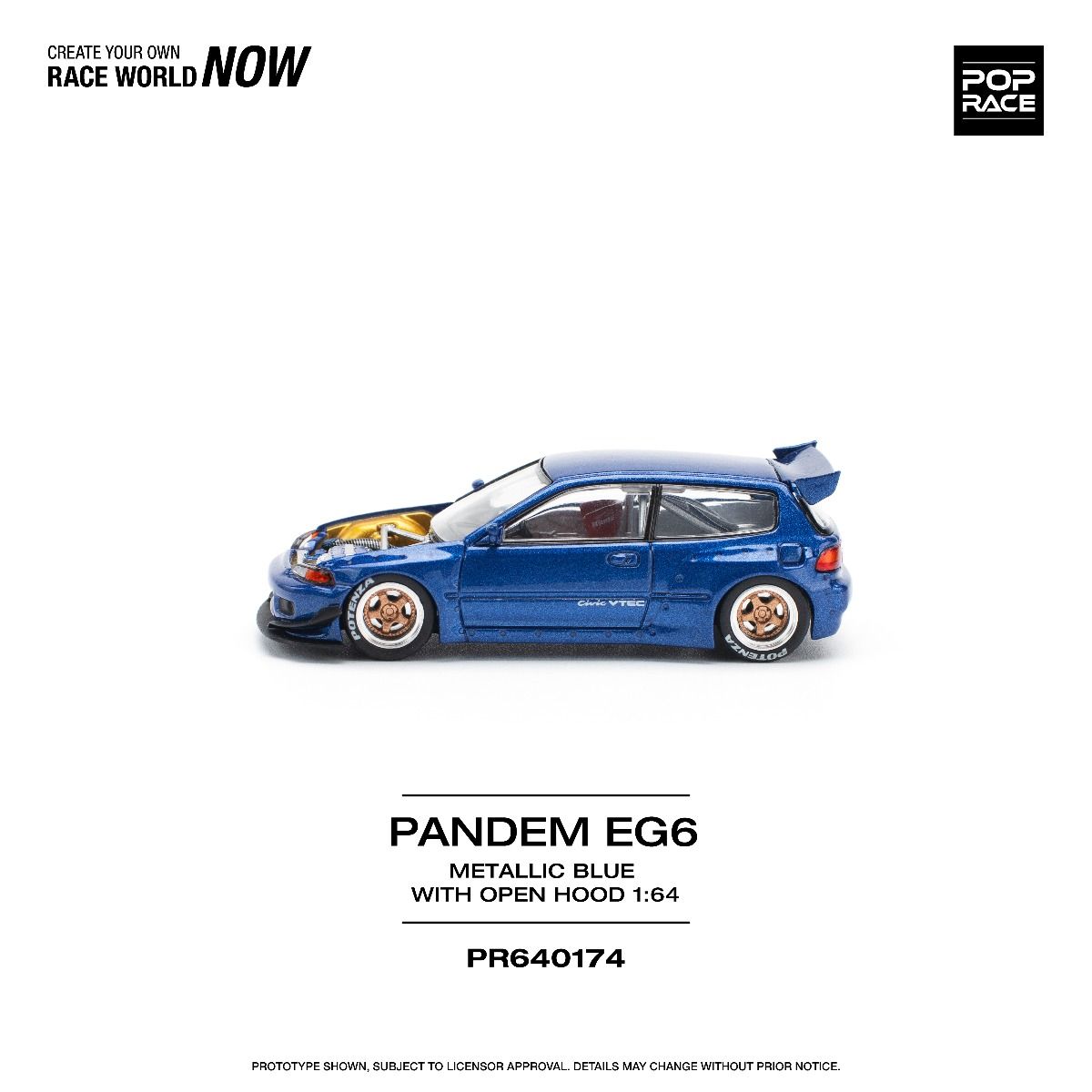 Pop Race Pandem Civic EG6 Metallic Blue With Open Hood PR640174 1/64 Diecast