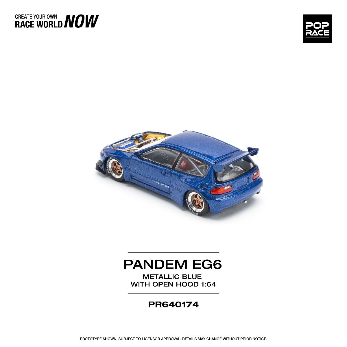 Pop Race Pandem Civic EG6 Metallic Blue With Open Hood PR640174 1/64 Diecast