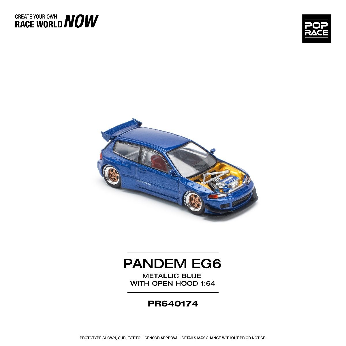 Pop Race Pandem Civic EG6 Metallic Blue With Open Hood PR640174 1/64 Diecast