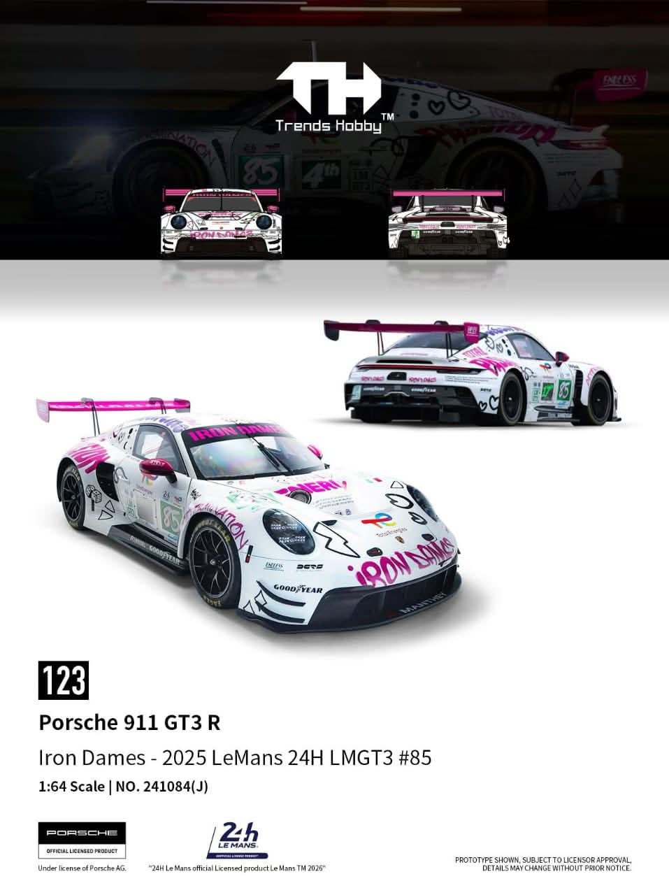 Trends Hobby Porsche 911 GT3 R Iron Dames 2025 LeMans 24H LMGT3 #85 241084J 1/64 Diecast