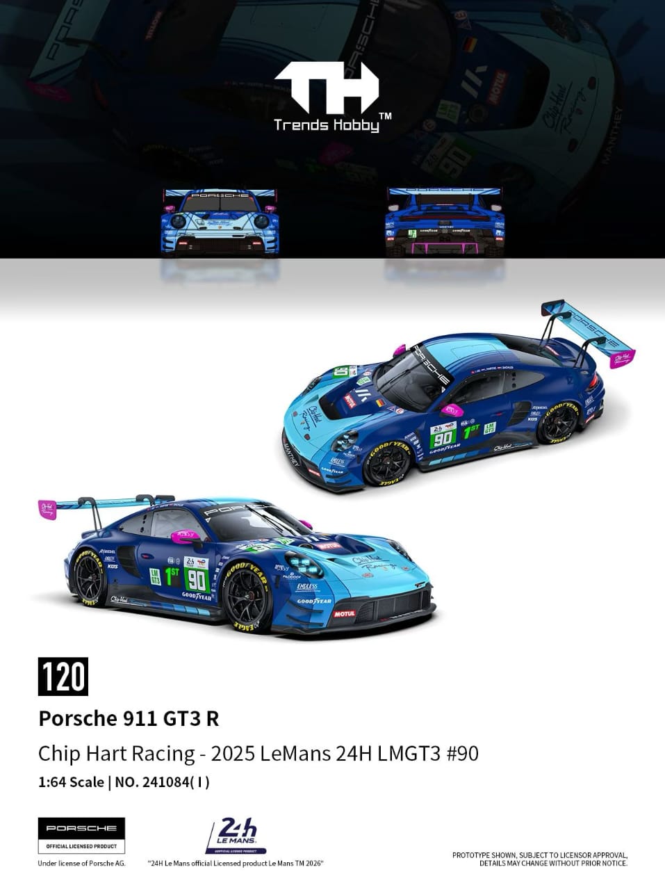 Trends Hobby Porsche 911 GT3 R Chip Hart Racing 2025 Le Mans 24H LMGT3 #90 241084I 1/64 Diecast
