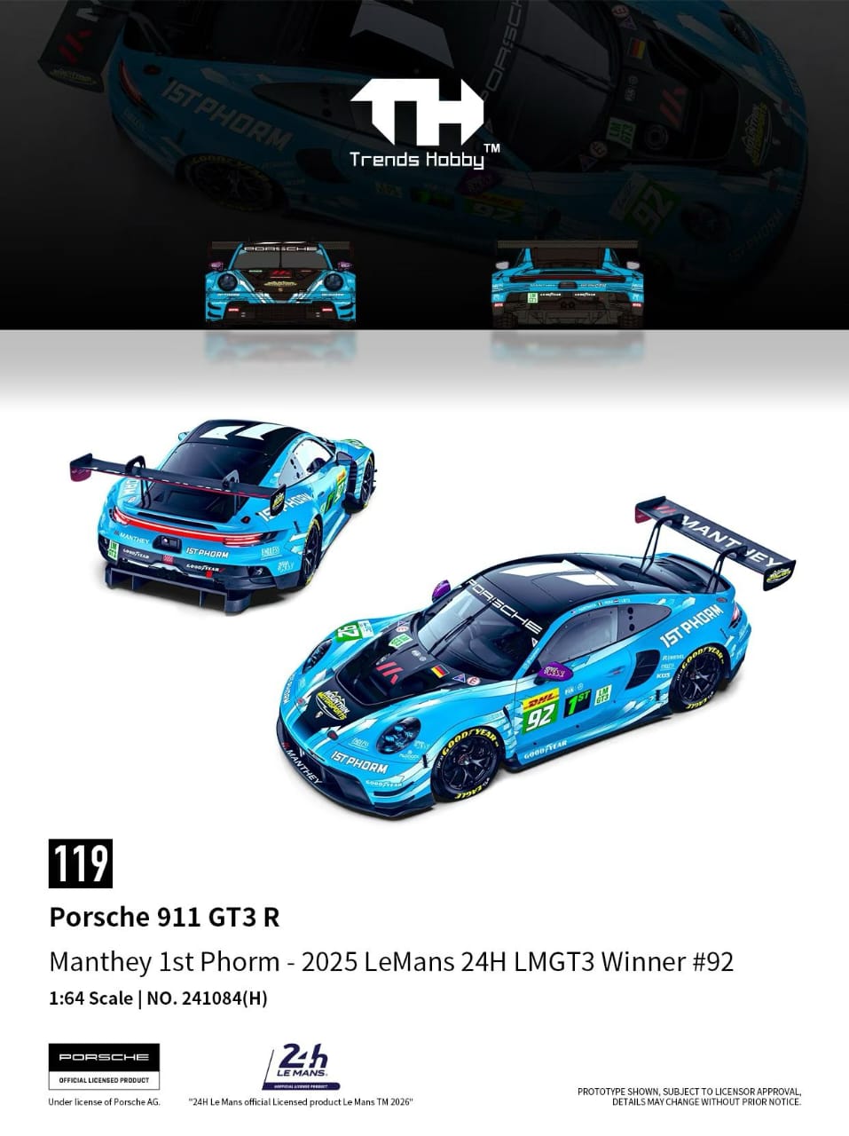 Trends Hobby Porsche 911 GT3 R Manthey 1st Phorm - 2025 Le Mans 24H LMGT3 Winner #92 241084H 1/64 Diecast