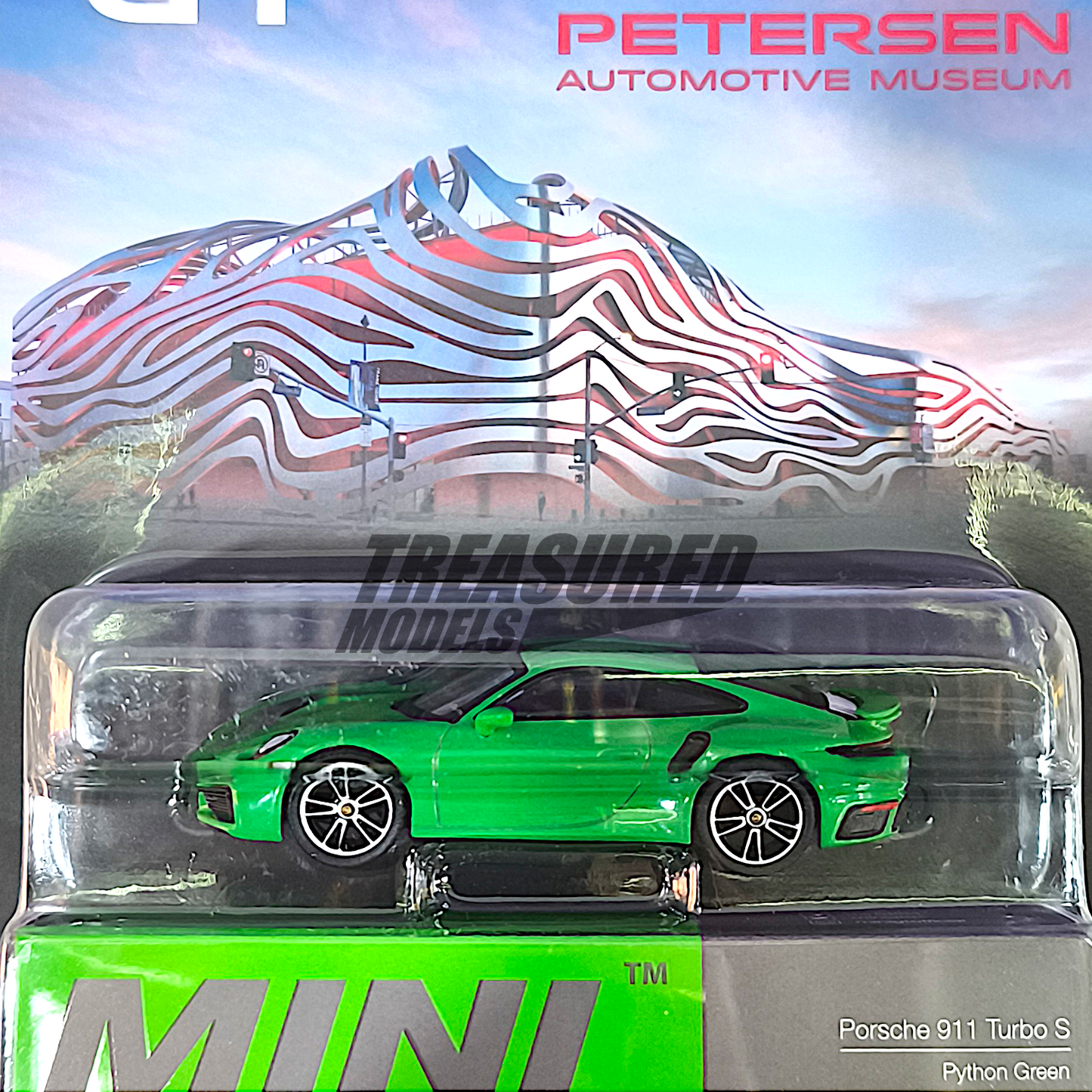 Mini GT Porsche 911 Turbo S Python Green Petersen Automotive Museum Blister Packaging MGT00525 1/64 Diecast