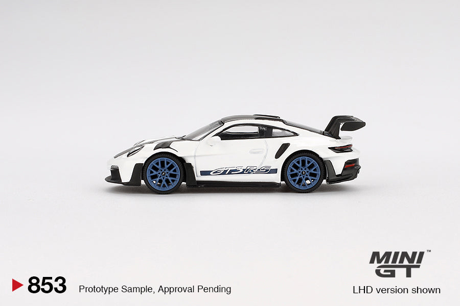 Mini GT Porsche 911 (992) GT3 RS Weissach Package White with Indigo Blue MGT00853 1/64 Diecast