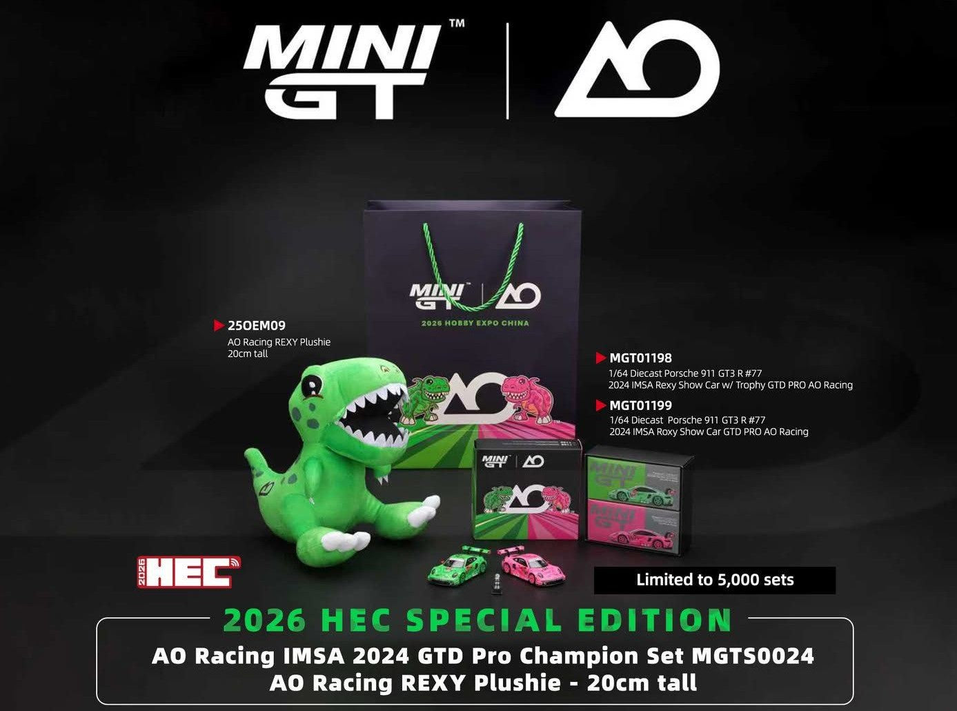 Mini GT AO Racing IMSA 2024 GTD Pro Champion Set Porsche 911 GT3 R #77 2024 IMSA Rexy Show Car w Trophy GTD PRO AO RAcing MGT01198 Porsche 911 GT3 R #77 2024 IMSA Roxy Show Car GTD PRO AO Racing MGT01199 HEC 2026 MGTS0024 1/64 Diecast