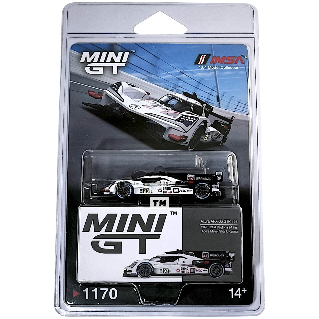 Mini GT Acura ARX-06 GTP #93 Acura Meyer Shank Racing 2025 IMSA Daytona 24 Hrs Blister Packaging MGT01170-BL 1/64 Diecast