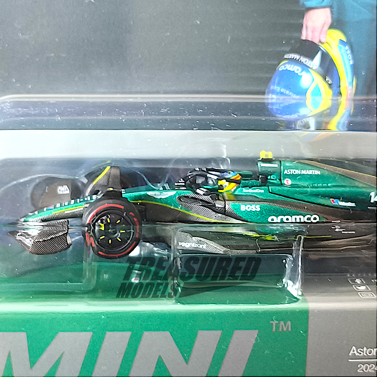 Mini GT Aston Martin AMR24 #14 Fernando Alonso 2024 F1 2024 Bahrain GP Blister Packaging MGT00999 1/64 Diecast