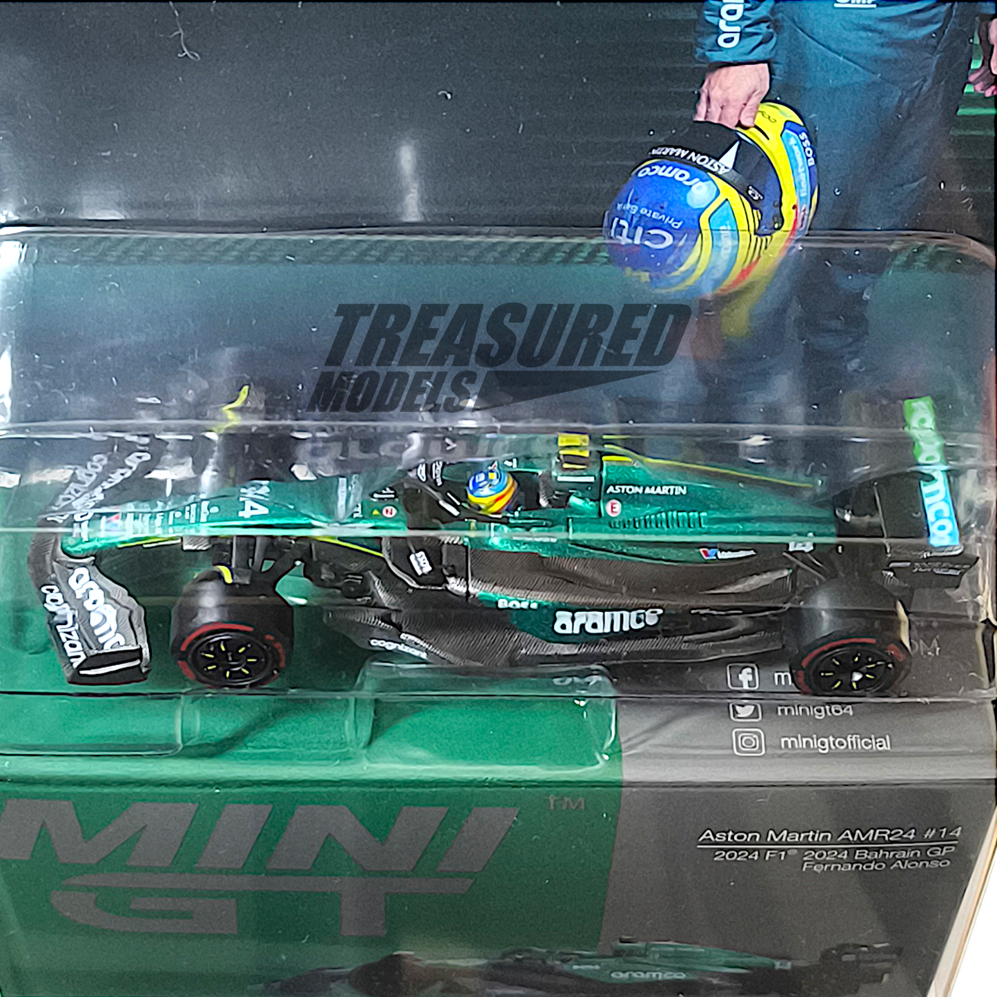 Mini GT Aston Martin AMR24 #14 Fernando Alonso 2024 F1 2024 Bahrain GP Blister Packaging MGT00999 1/64 Diecast