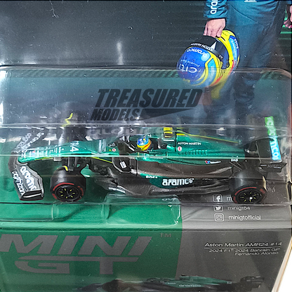 Mini GT Aston Martin AMR24 #14 Fernando Alonso 2024 F1 2024 Bahrain GP Blister Packaging MGT00999 1/64 Diecast