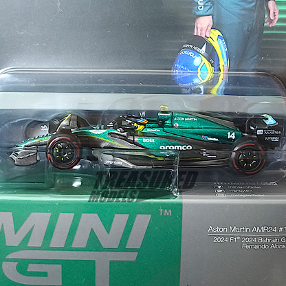 Mini GT Aston Martin AMR24 #14 Fernando Alonso 2024 F1 2024 Bahrain GP Blister Packaging MGT00999 1/64 Diecast