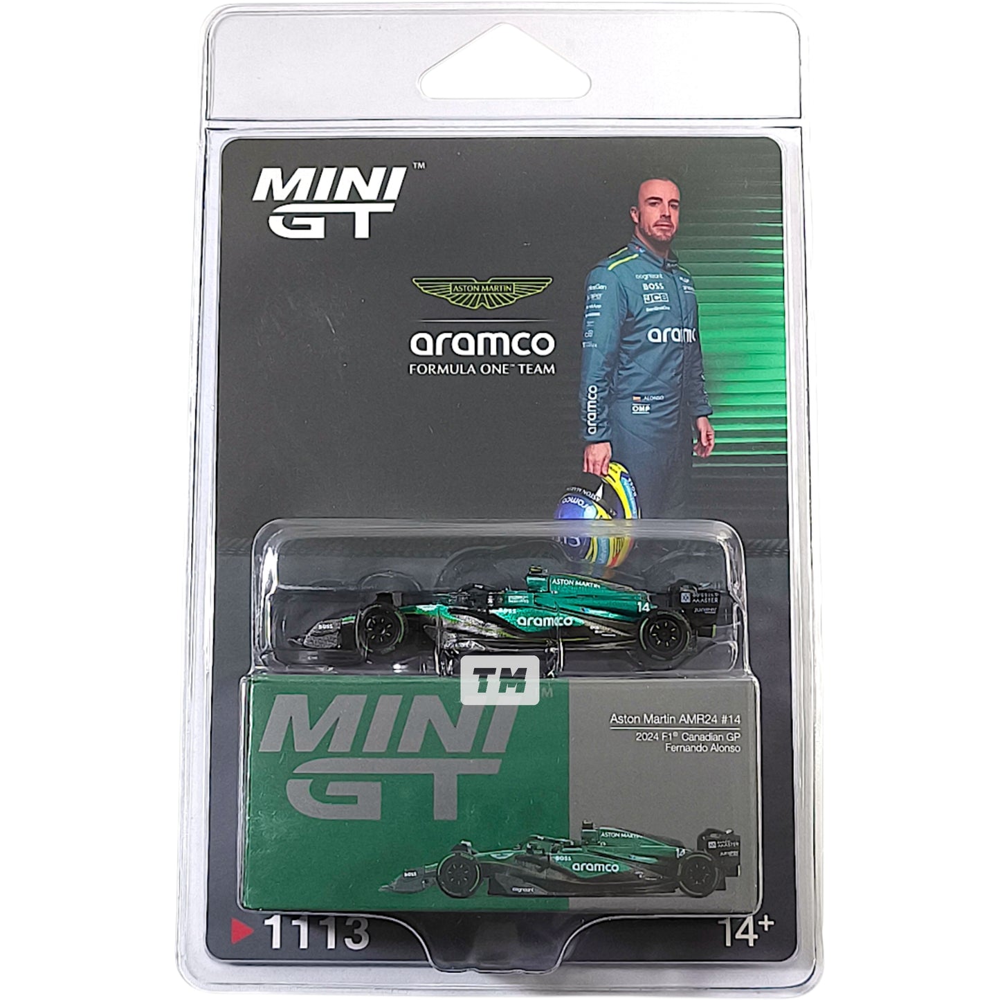 Mini GT Aston Martin AMR24 #14 Fernando Alonso 2024 F1 2024 Canadian GP Blister Packaging MGT01113BL 1/64 Diecast