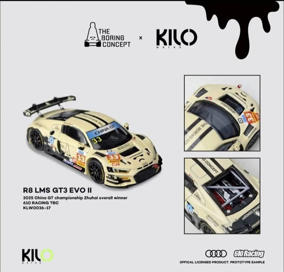 Kilo Works Audi R8 LMS GT3 EVO II 610 Racing TBC The Boring Concept China GT Championship Zhuhai Overall Winner YBJ-Peter Li 1/64 Diecast