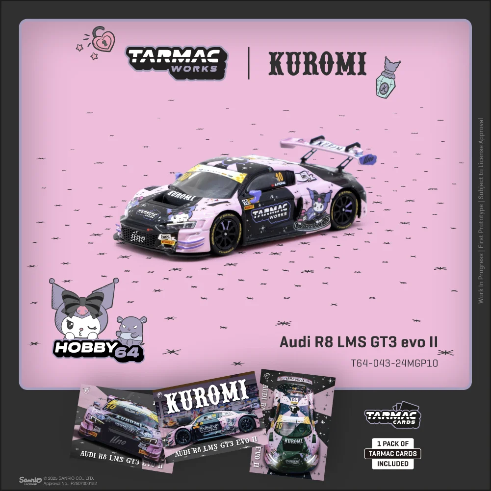 Tarmac Works Audi R8 LMS GT3 evo II Macau GT Cup FIA GT World Cup 2024 Uno Racing Adderly Fong w Tarmac Cards Colab w Sanrio T64G-043-24MGP10 1/64 Diecast