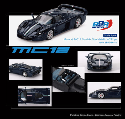BBR Maserati MC12 Stradale Blue Metallic w Stripe BBRDIE6416 1/64 Die Cast