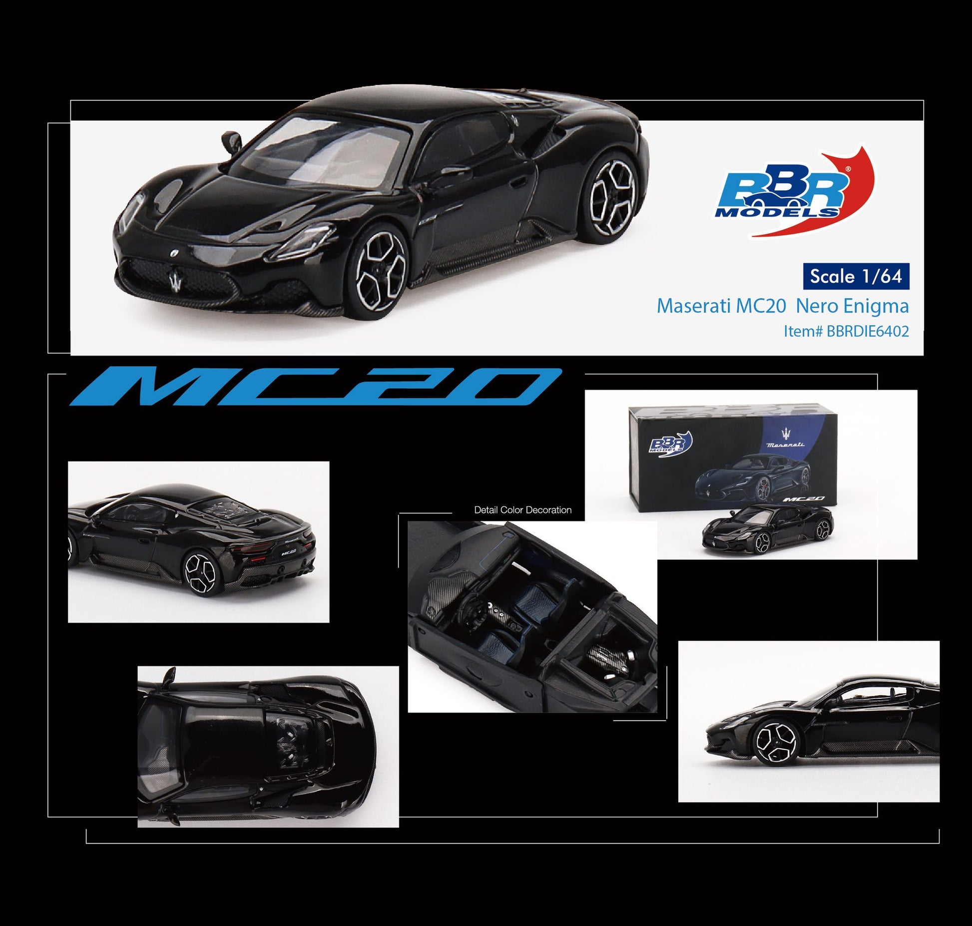 BBR Maserati MC20 Nero Enigma BBRDIE6402 1/64 Die Cast