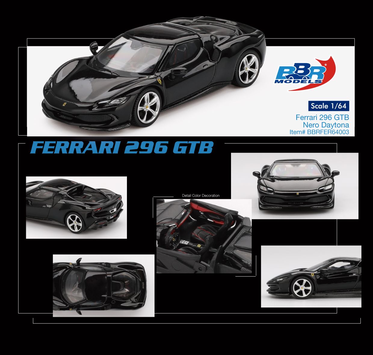 BBR Models Ferrari 296 GTB Nero Daytona BBRFER64003 1/64 Diecast