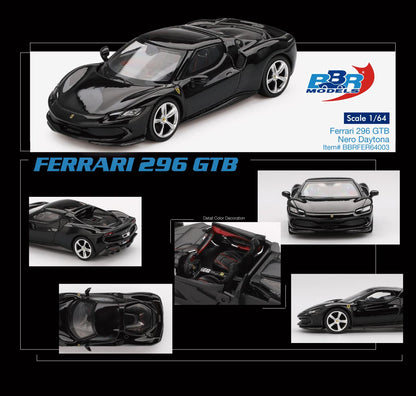 BBR Models Ferrari 296 GTB Nero Daytona BBRFER64003 1/64 Diecast