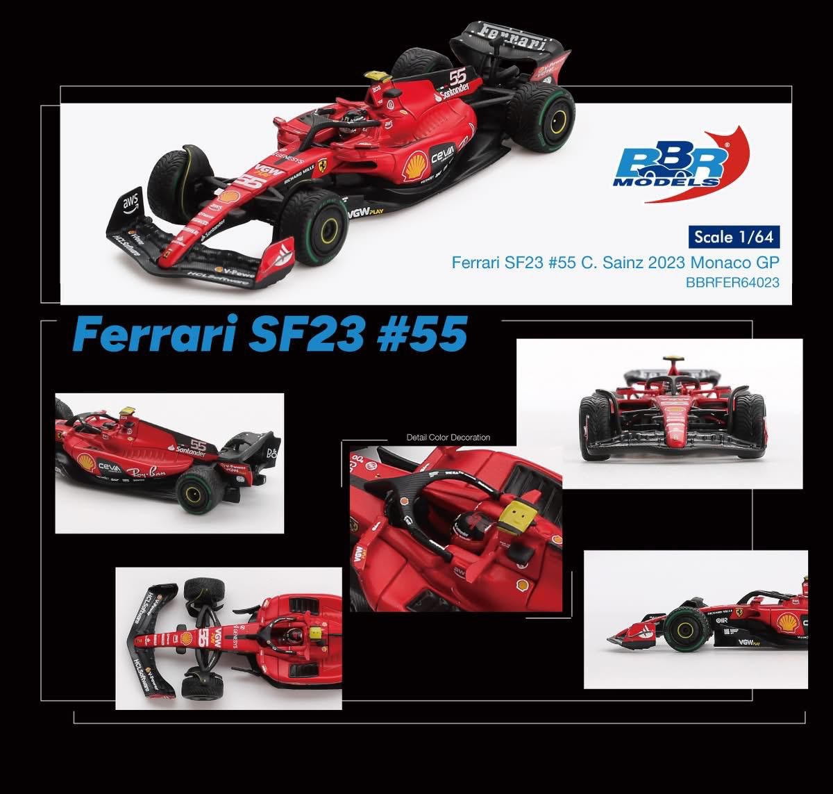 BBR Models Ferrari SF23 55 C. Sainz 2023 Monaco GP BBRFER64023 1/64 Die Cast