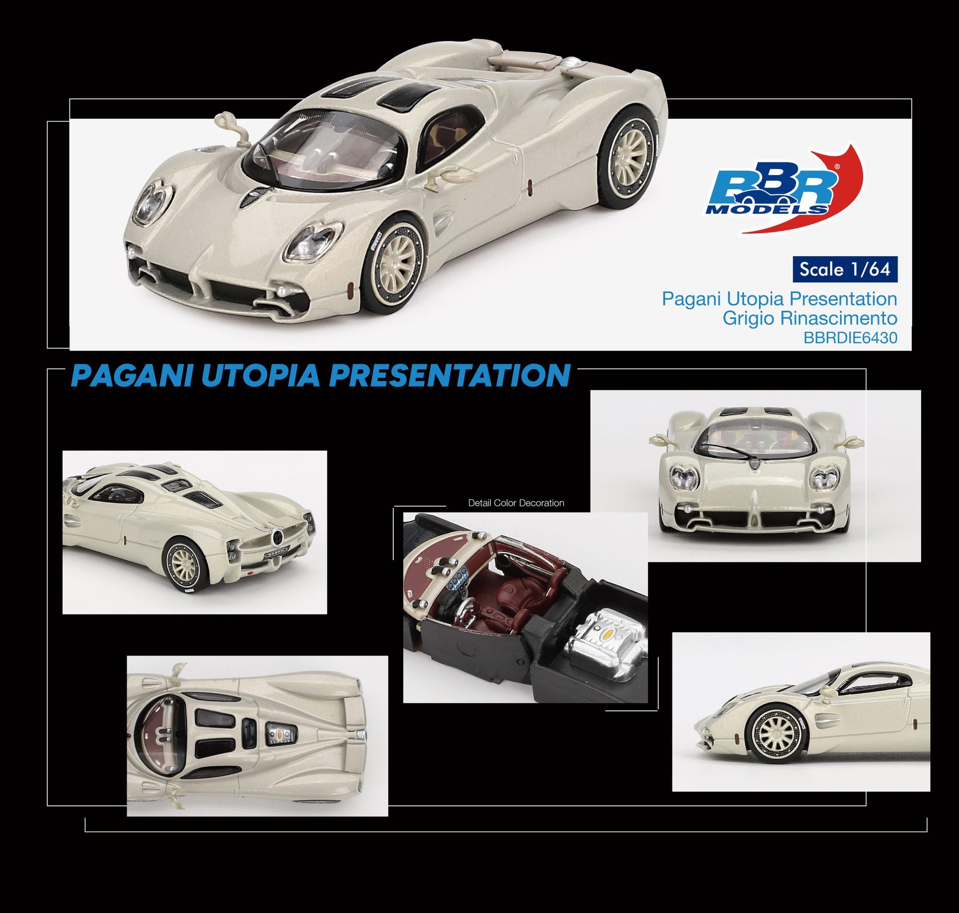 BBR Pagani Utopia Presentation Grigio Rinascimento BBRDIE6430 1/64 Die Cast