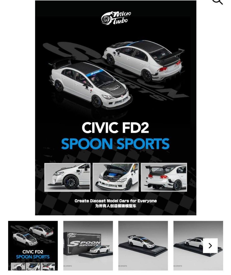 Micro Turbo Civic FD2 Spoon Sports Metallic White MT6411B1 1/64 Diecast