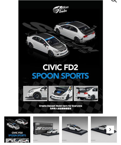 Micro Turbo Civic FD2 Spoon Sports Metallic White MT6411B1 1/64 Diecast